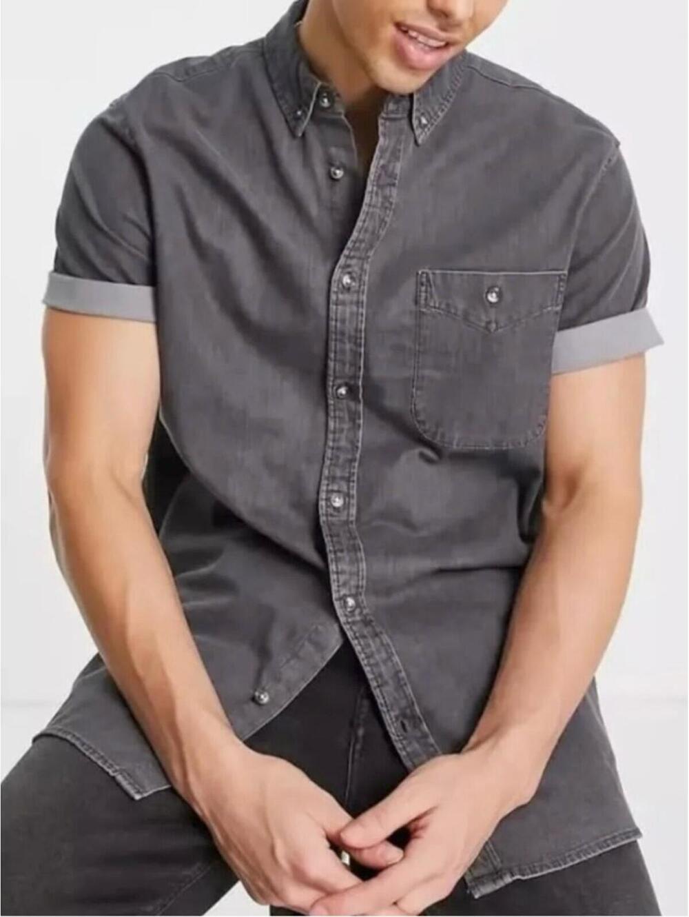 Topman / Button Up Denim Shirt Casual Stretch / Gray